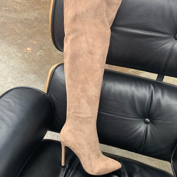 Pointed Toe Knee High Stiletto Heel Boot in Beige Faux Suede, Women’s - Picture 8 of 12